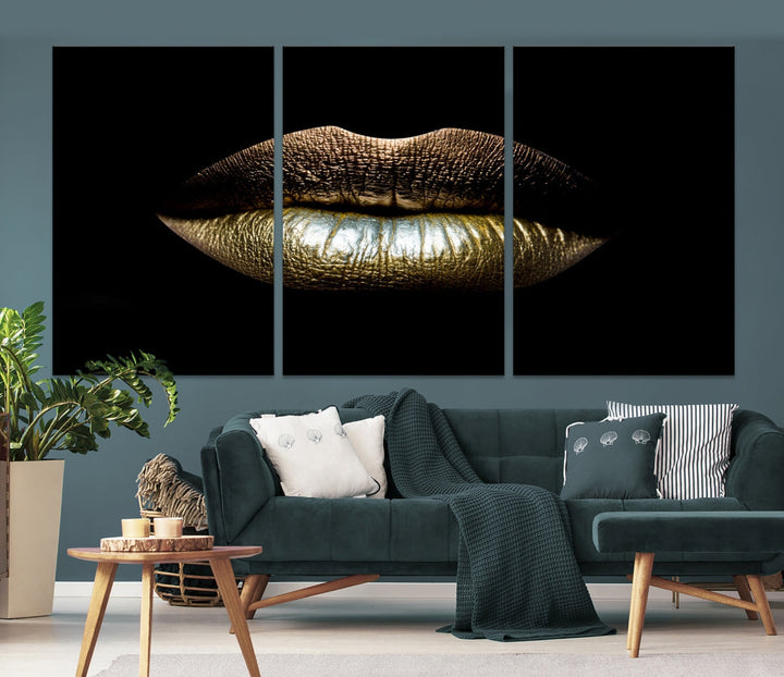 Gold Lips Makeup Trendy Wall Art Canvas Print Beauty Sensual Art Large Wall Decor