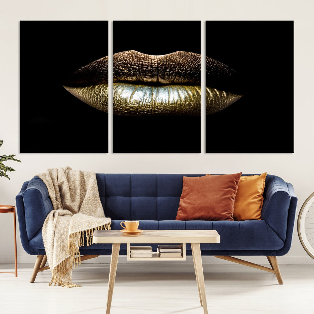 Gold Lips Makeup Trendy Wall Art Canvas Print Beauty Sensual Art Large Wall Decor