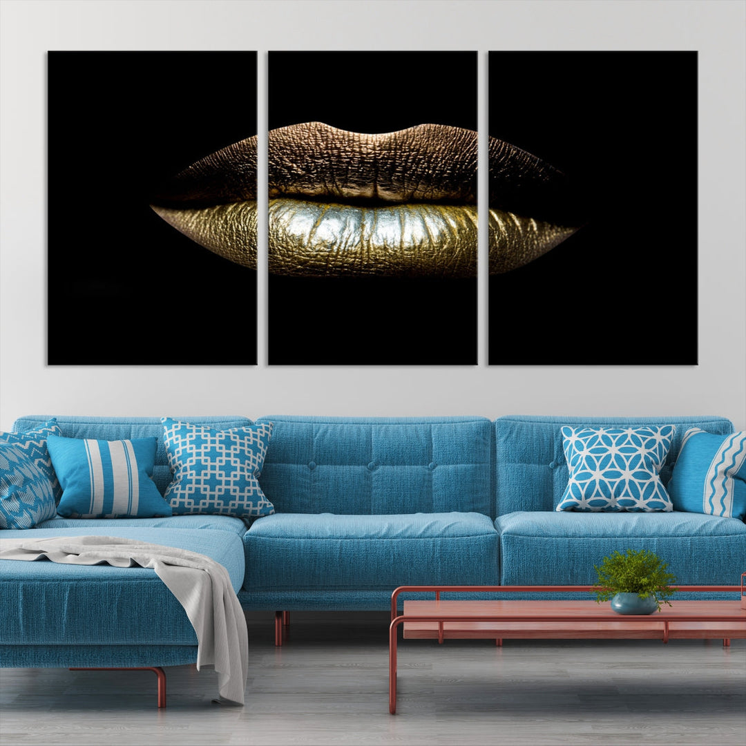 Gold Lips Makeup Trendy Wall Art Canvas Print Beauty Sensual Art Large Wall Decor