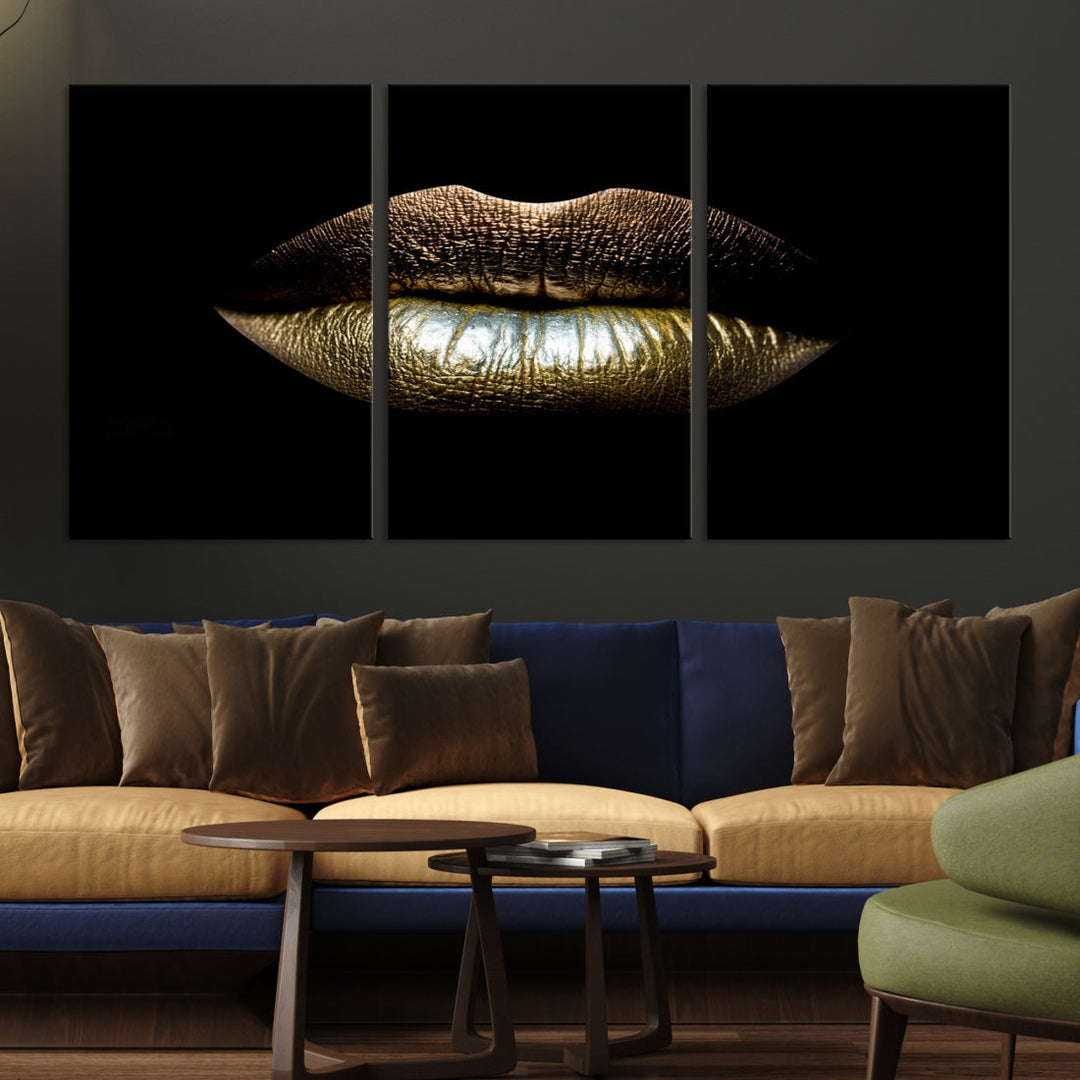 Gold Lips Makeup Trendy Wall Art Canvas Print Beauty Sensual Art Large Wall Decor