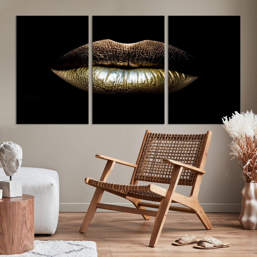 Gold Lips Makeup Trendy Wall Art Canvas Print Beauty Sensual Art Large Wall Decor