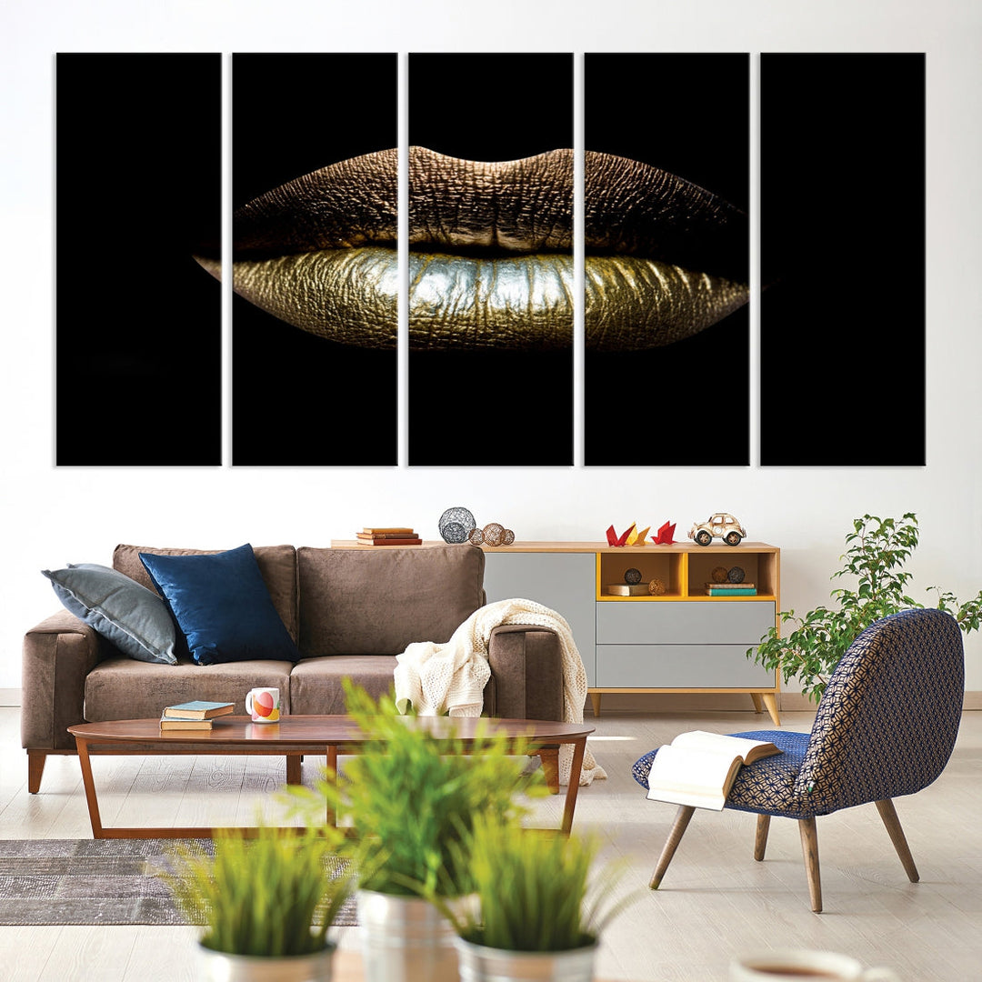 Gold Lips Makeup Trendy Wall Art Canvas Print Beauty Sensual Art Large Wall Decor