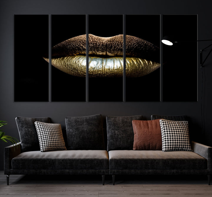 Gold Lips Makeup Trendy Wall Art Canvas Print Beauty Sensual Art Large Wall Decor