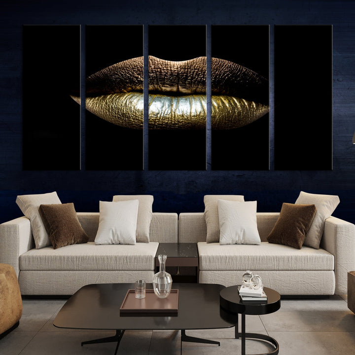 Gold Lips Makeup Trendy Wall Art Canvas Print Beauty Sensual Art Large Wall Decor