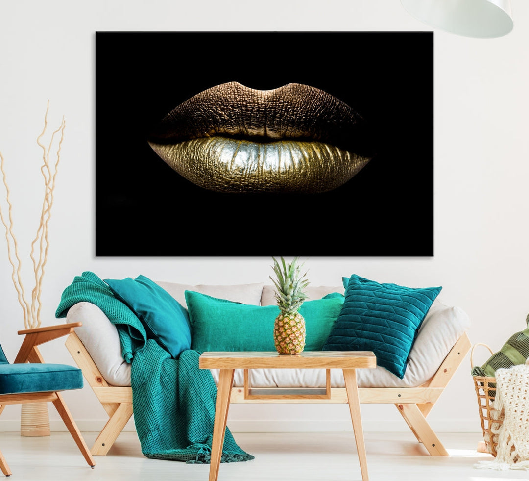 Gold Lips Makeup Trendy Wall Art Canvas Print Beauty Sensual Art Large Wall Decor