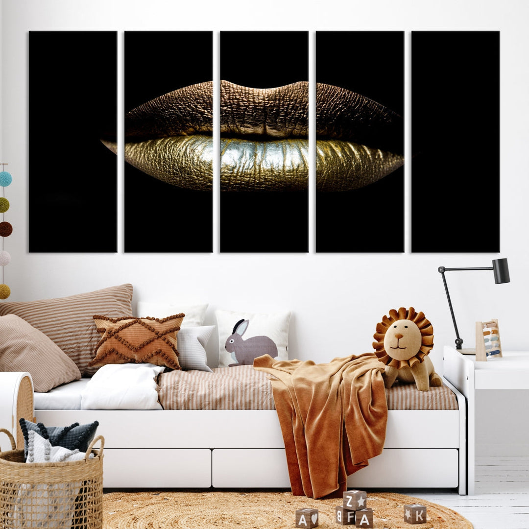 Gold Lips Makeup Trendy Wall Art Canvas Print Beauty Sensual Art Large Wall Decor