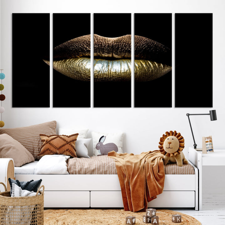 Gold Lips Makeup Trendy Wall Art Canvas Print Beauty Sensual Art Large Wall Decor