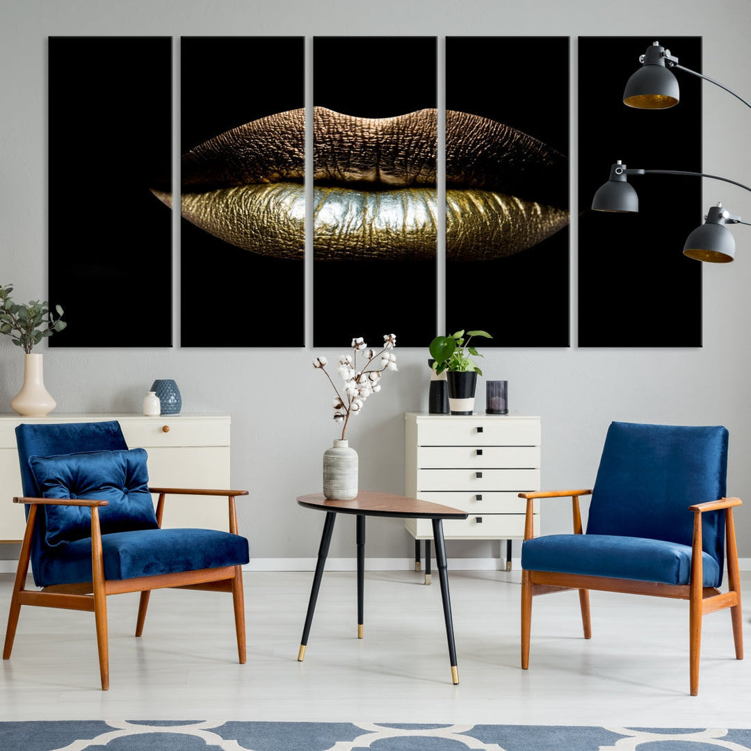 Gold Lips Makeup Trendy Wall Art Canvas Print Beauty Sensual Art Large Wall Decor