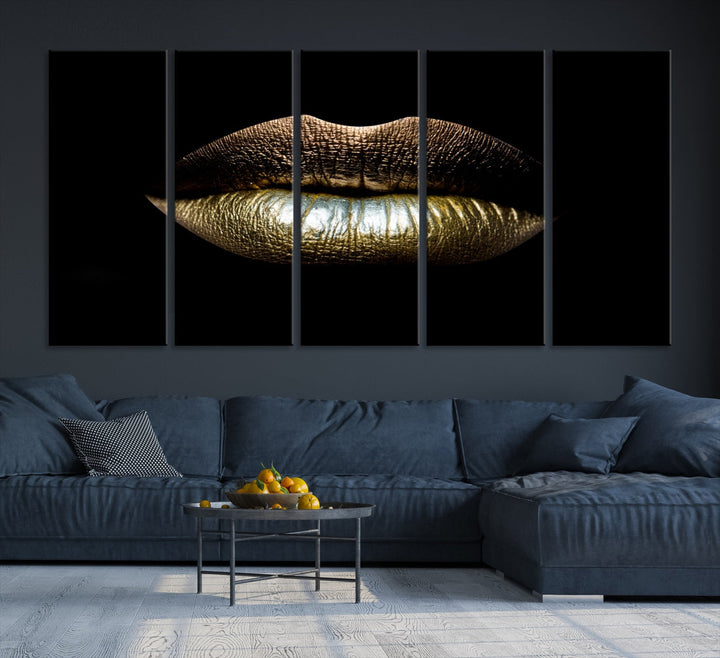 Gold Lips Makeup Trendy Wall Art Canvas Print Beauty Sensual Art Large Wall Decor