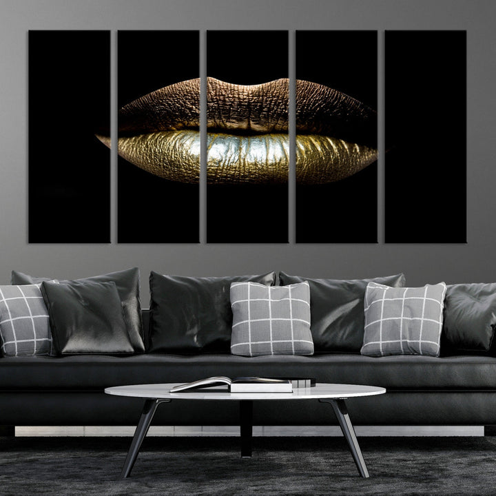 Gold Lips Makeup Trendy Wall Art Canvas Print Beauty Sensual Art Large Wall Decor