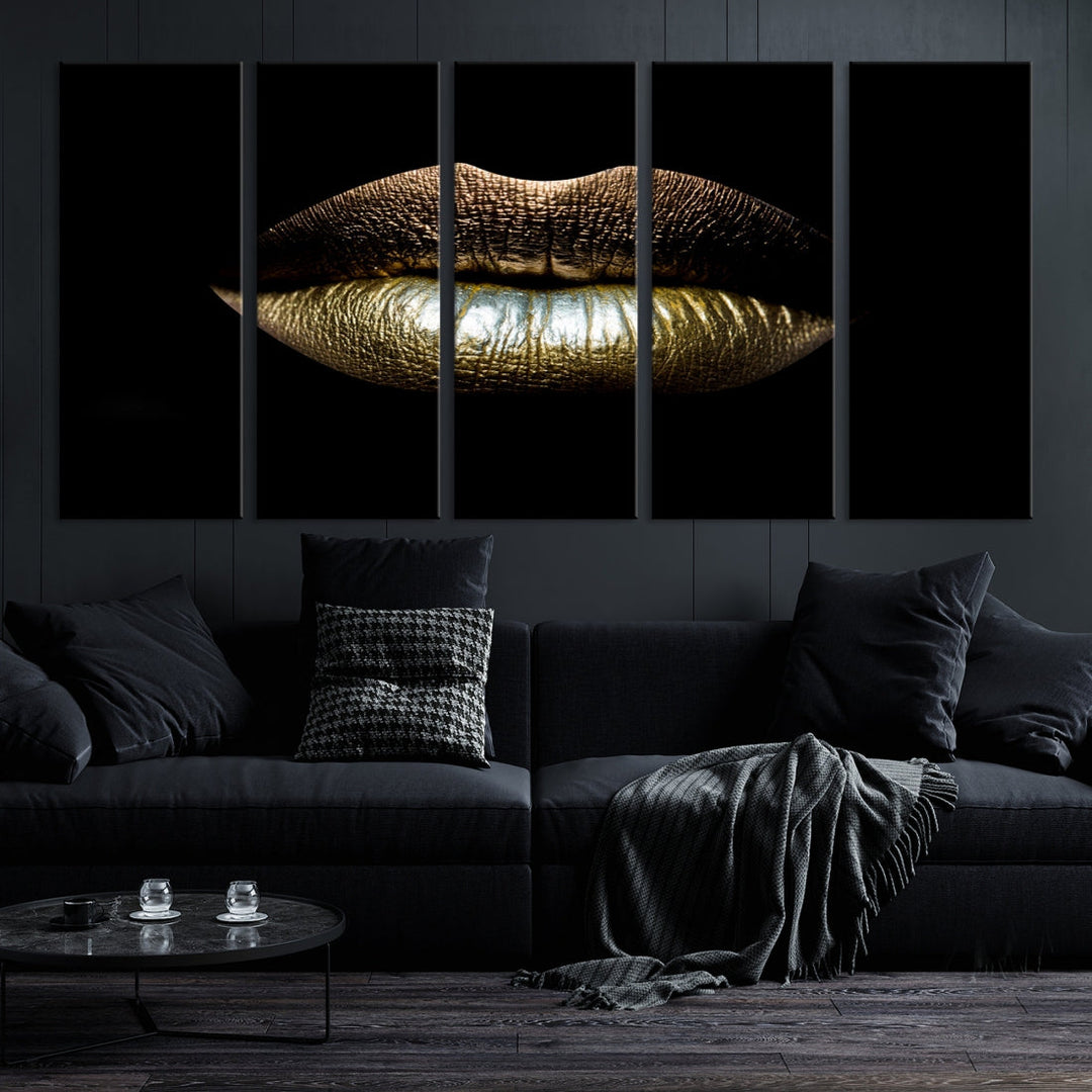 Gold Lips Makeup Trendy Wall Art Canvas Print Beauty Sensual Art Large Wall Decor