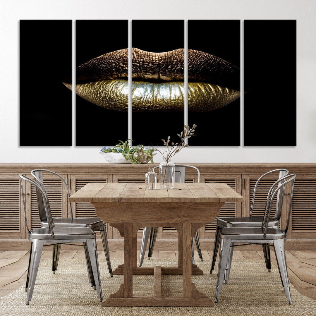 Gold Lips Makeup Trendy Wall Art Canvas Print Beauty Sensual Art Large Wall Decor