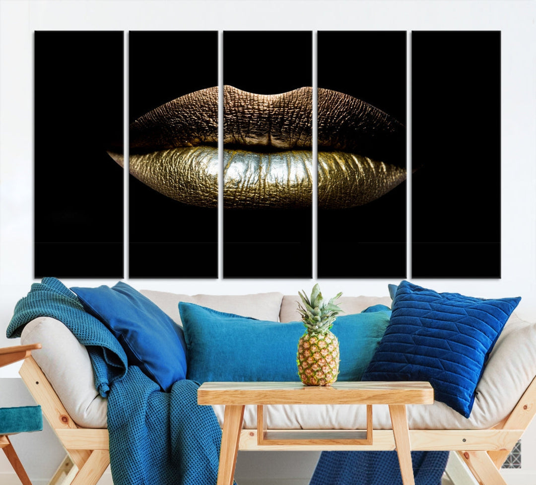 Gold Lips Makeup Trendy Wall Art Canvas Print Beauty Sensual Art Large Wall Decor