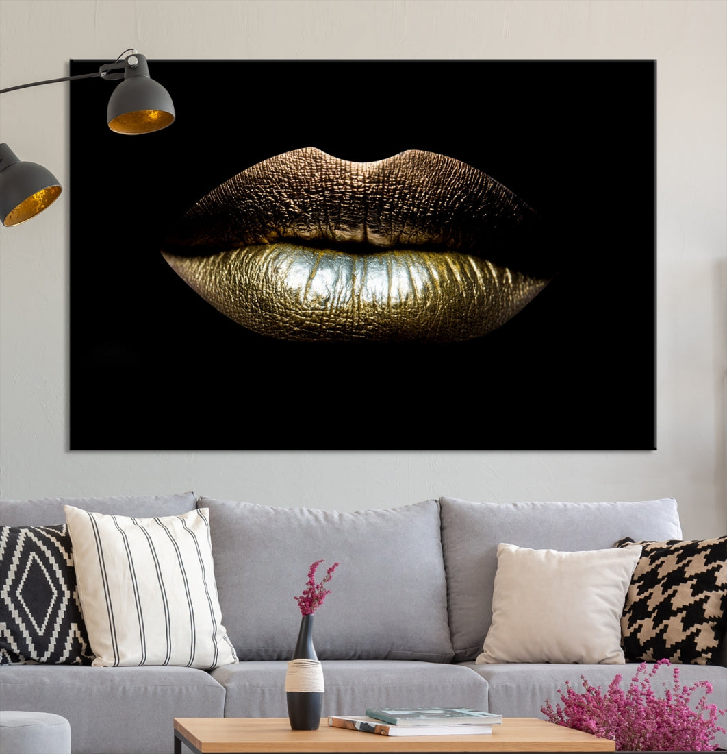 Gold Lips Makeup Trendy Wall Art Canvas Print Beauty Sensual Art Large Wall Decor