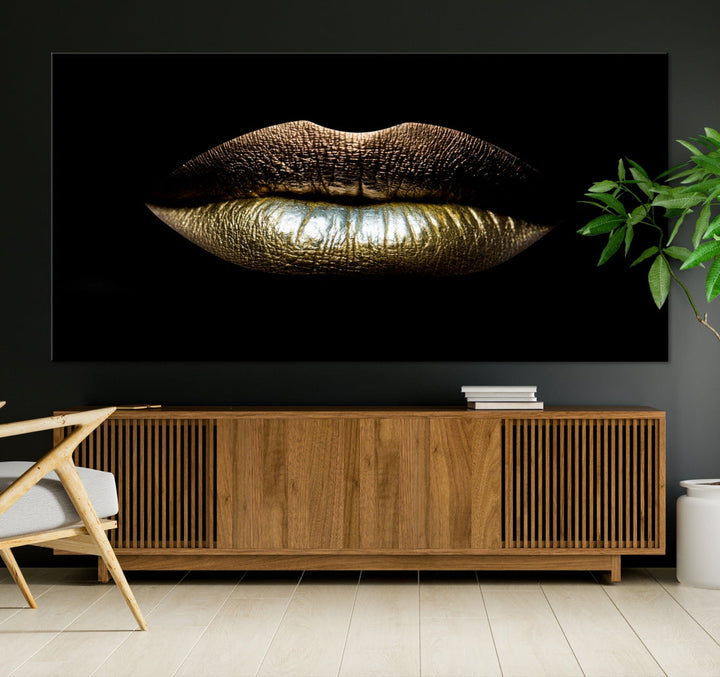 Gold Lips Makeup Trendy Wall Art Canvas Print Beauty Sensual Art Large Wall Decor