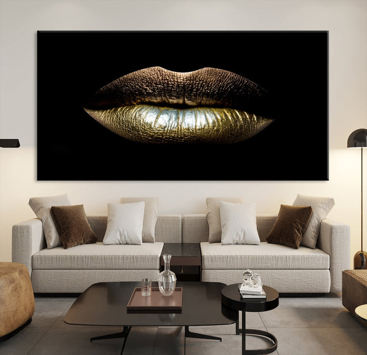 Gold Lips Makeup Trendy Wall Art Canvas Print Beauty Sensual Art Large Wall Decor