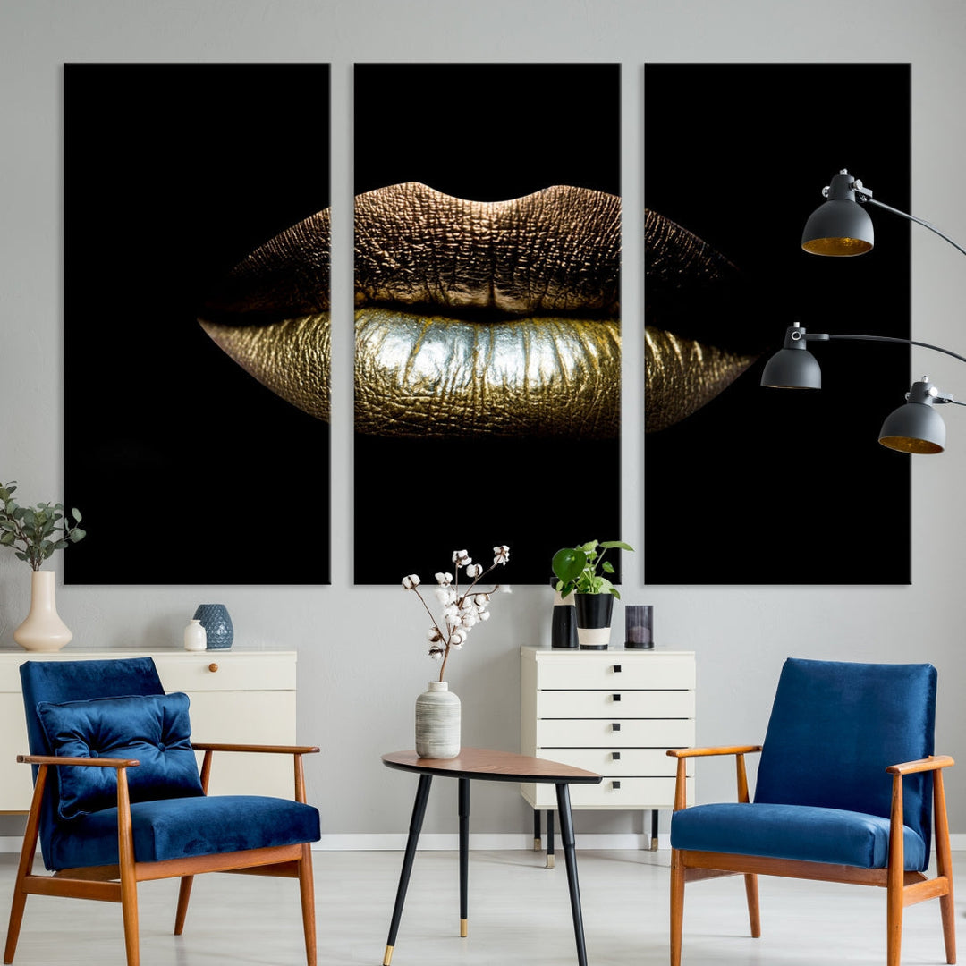 Gold Lips Makeup Trendy Wall Art Canvas Print Beauty Sensual Art Large Wall Decor