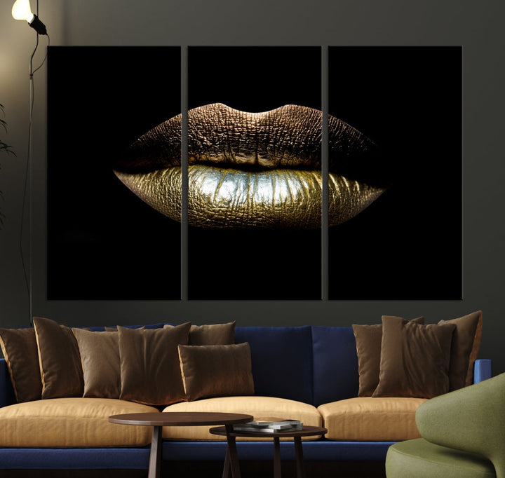 Gold Lips Makeup Trendy Wall Art Canvas Print Beauty Sensual Art Large Wall Decor