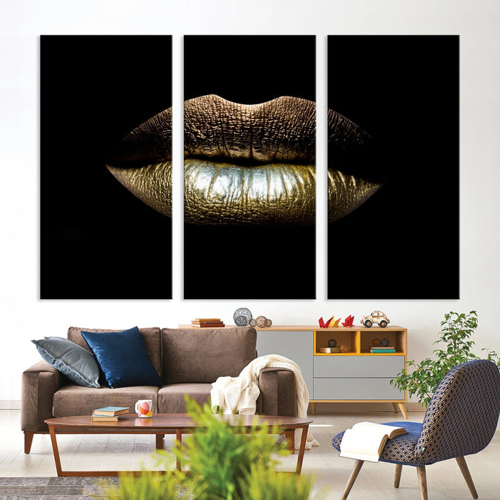 Gold Lips Makeup Trendy Wall Art Canvas Print Beauty Sensual Art Large Wall Decor