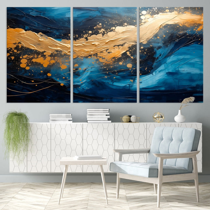 Gold Ocean Blue Wall Art Fluid Abstract Canvas Print New Home Gift Soft Fine Art