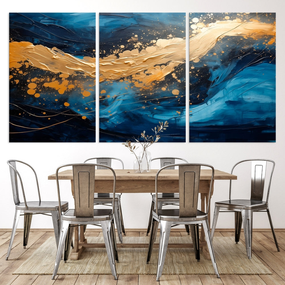 Gold Ocean Blue Wall Art Fluid Abstract Canvas Print New Home Gift Soft Fine Art