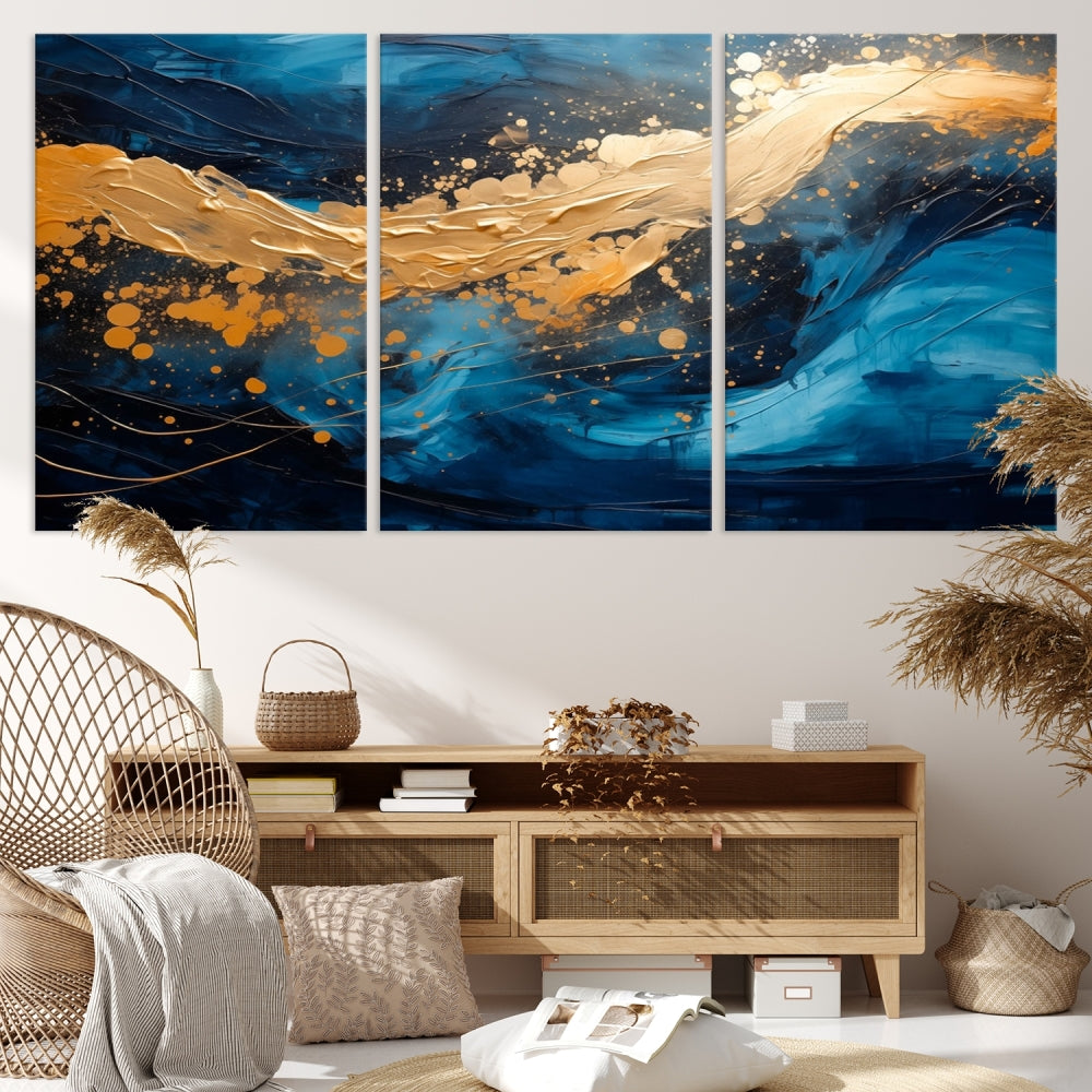 Gold Ocean Blue Wall Art Fluid Abstract Canvas Print New Home Gift Soft Fine Art