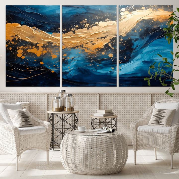 Gold Ocean Blue Wall Art Fluid Abstract Canvas Print New Home Gift Soft Fine Art