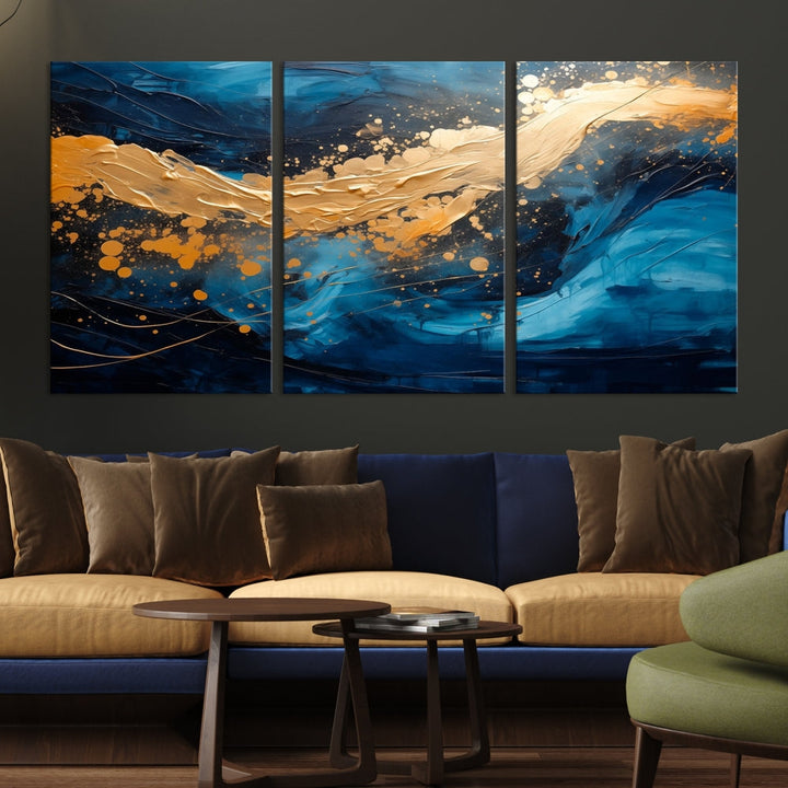 Gold Ocean Blue Wall Art Fluid Abstract Canvas Print New Home Gift Soft Fine Art