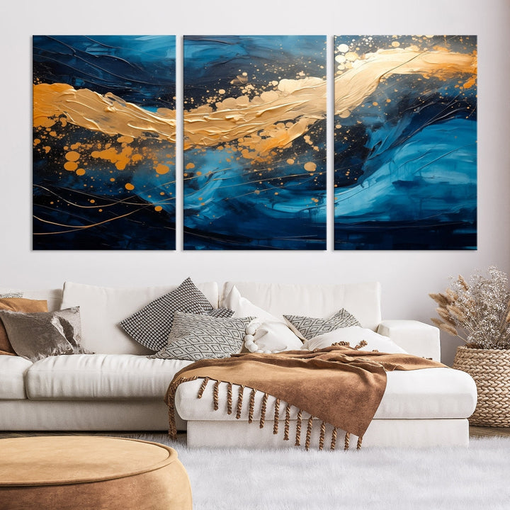 Gold Ocean Blue Wall Art Fluid Abstract Canvas Print New Home Gift Soft Fine Art