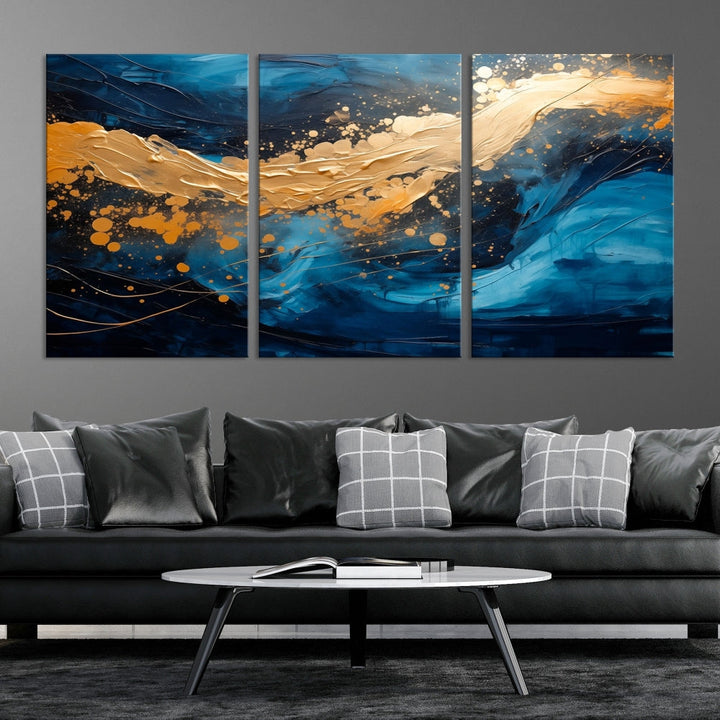 Gold Ocean Blue Wall Art Fluid Abstract Canvas Print New Home Gift Soft Fine Art