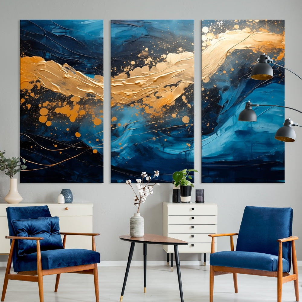 Gold Ocean Blue Wall Art Fluid Abstract Canvas Print New Home Gift Soft Fine Art