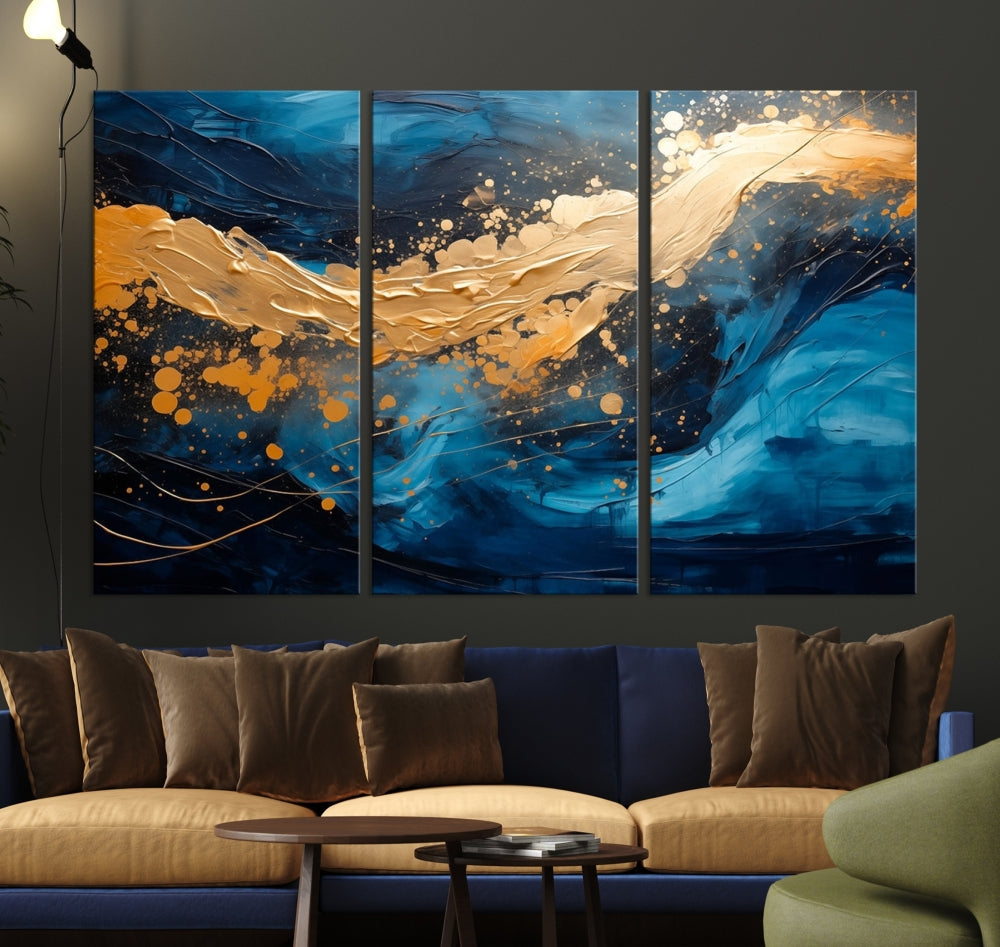 Gold Ocean Blue Wall Art Fluid Abstract Canvas Print New Home Gift Soft Fine Art