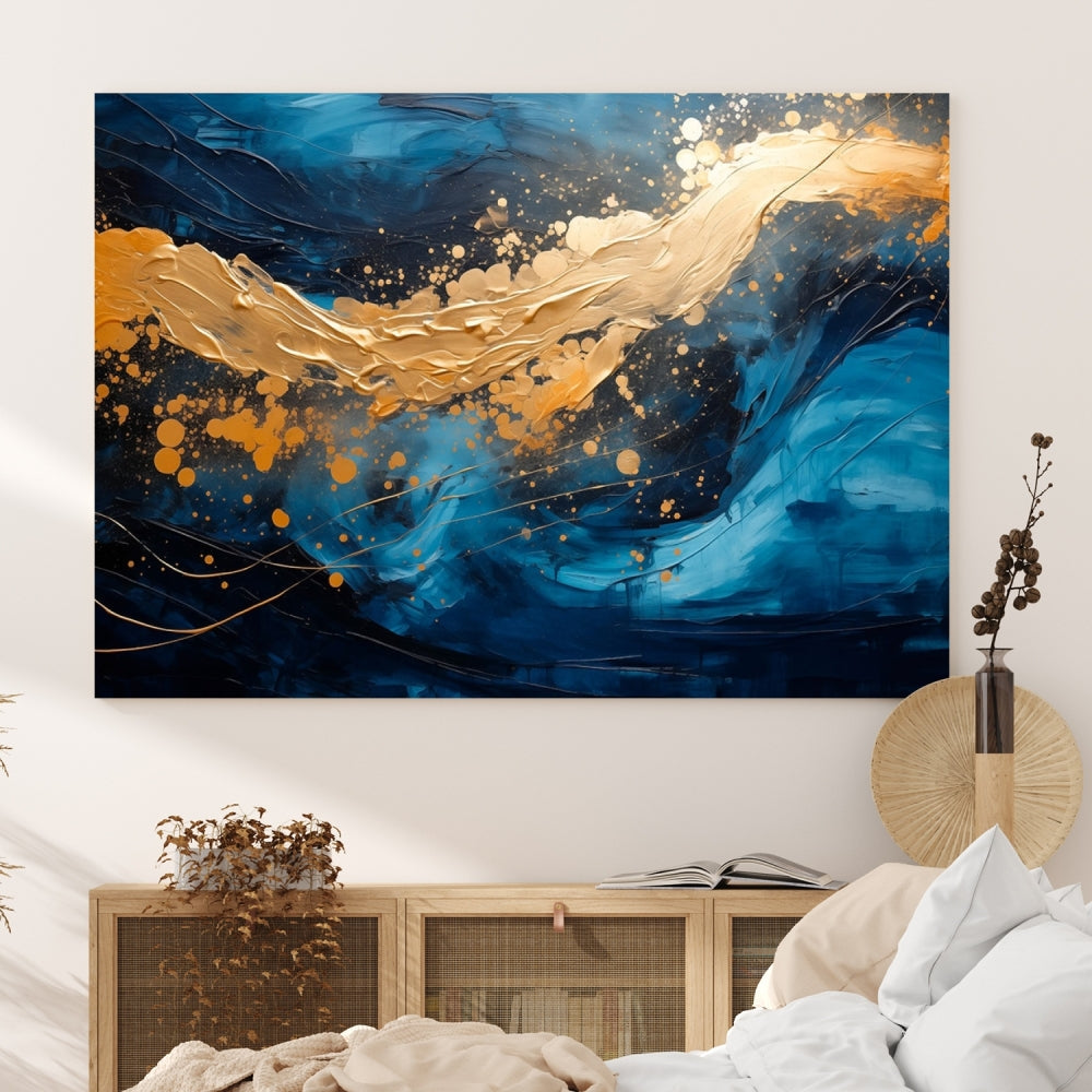 Gold Ocean Blue Wall Art Fluid Abstract Canvas Print New Home Gift Soft Fine Art