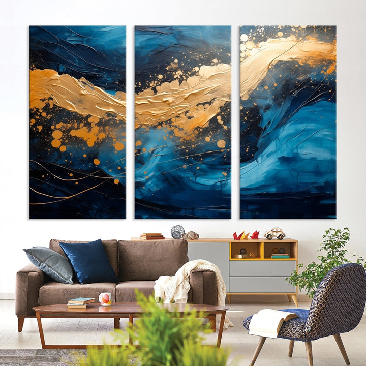 Gold Ocean Blue Wall Art Fluid Abstract Canvas Print New Home Gift Soft Fine Art