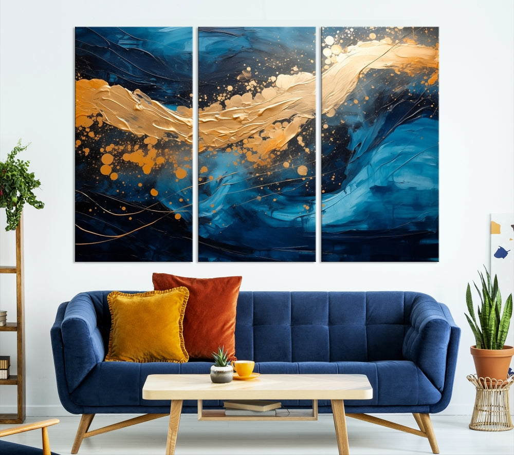 Gold Ocean Blue Wall Art Fluid Abstract Canvas Print New Home Gift Soft Fine Art