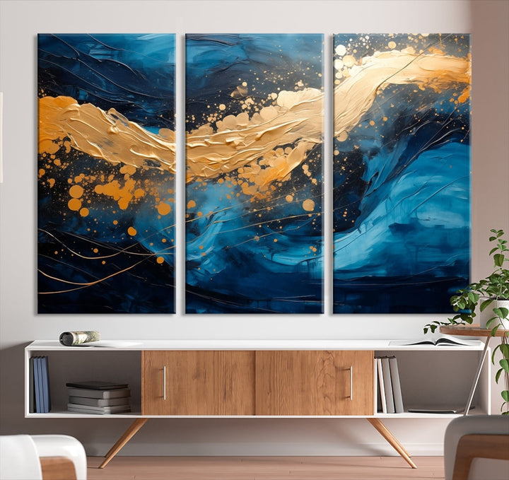 Gold Ocean Blue Wall Art Fluid Abstract Canvas Print New Home Gift Soft Fine Art