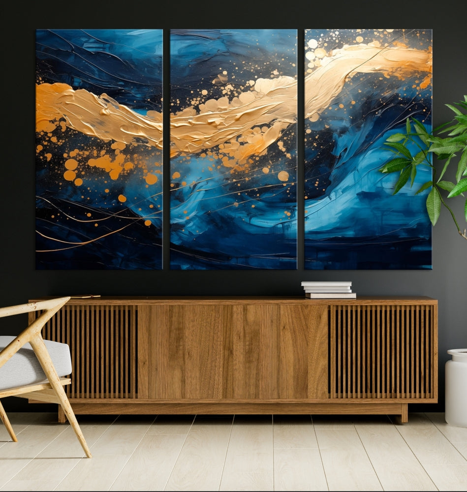 Gold Ocean Blue Wall Art Fluid Abstract Canvas Print New Home Gift Soft Fine Art