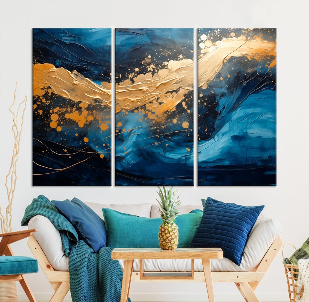 Gold Ocean Blue Wall Art Fluid Abstract Canvas Print New Home Gift Soft Fine Art