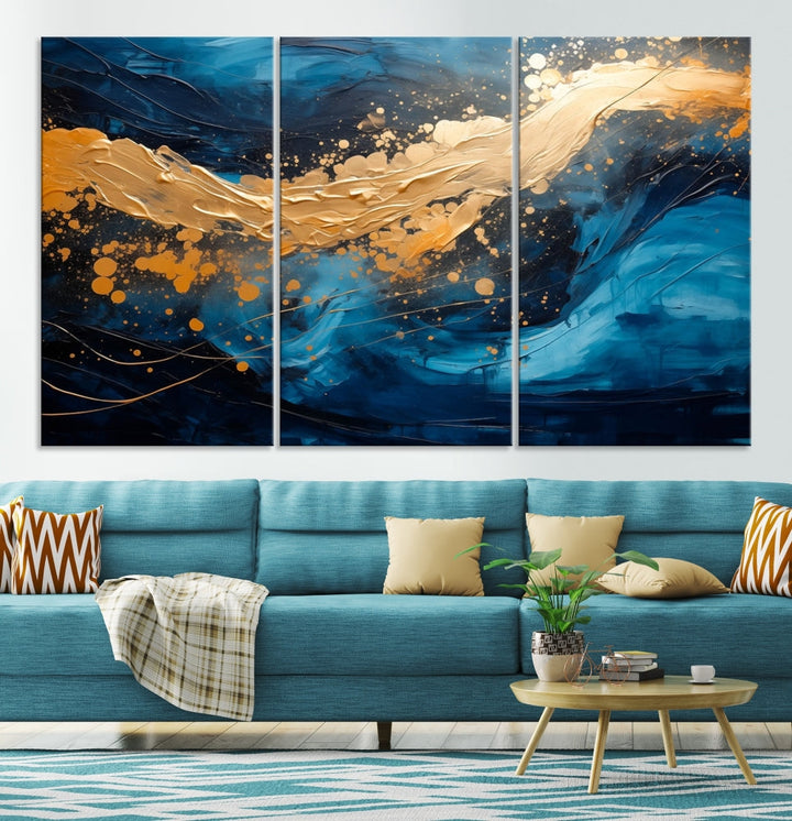 Gold Ocean Blue Wall Art Fluid Abstract Canvas Print New Home Gift Soft Fine Art