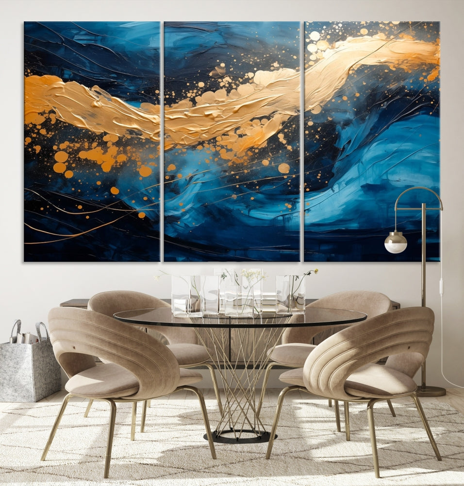 Gold Ocean Blue Wall Art Fluid Abstract Canvas Print New Home Gift Soft Fine Art