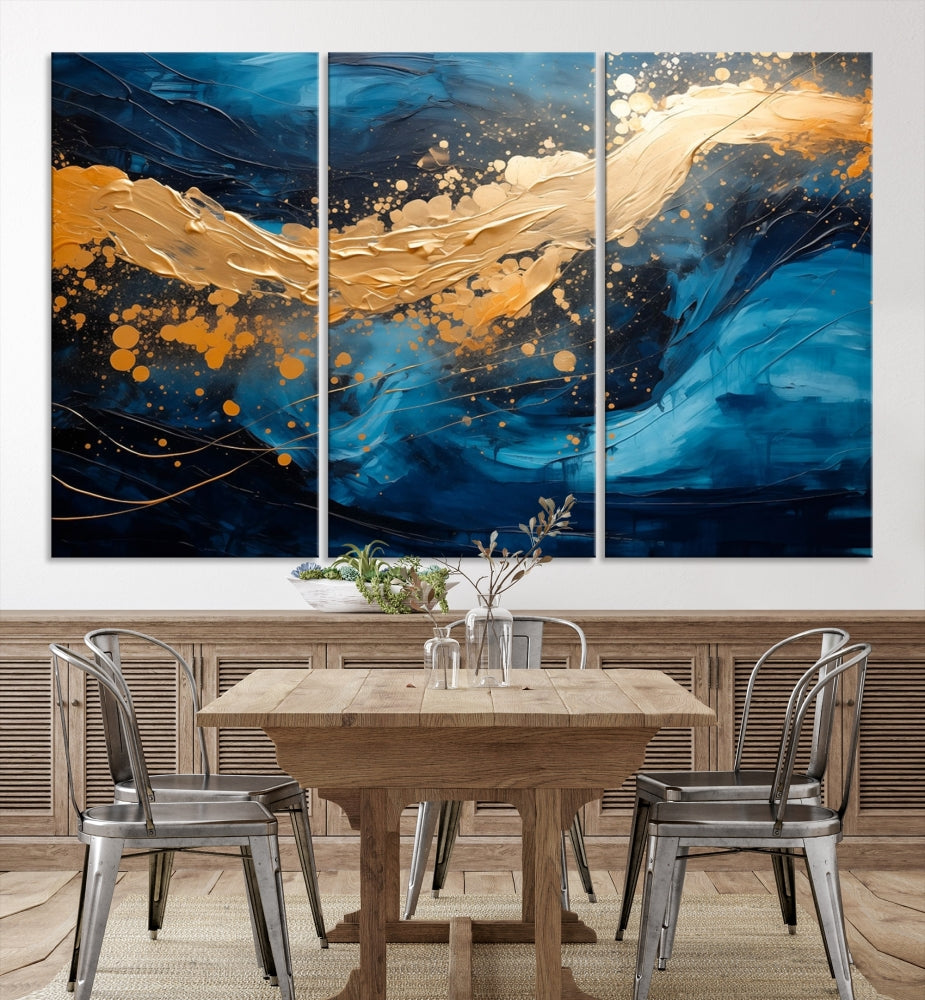 Gold Ocean Blue Wall Art Fluid Abstract Canvas Print New Home Gift Soft Fine Art