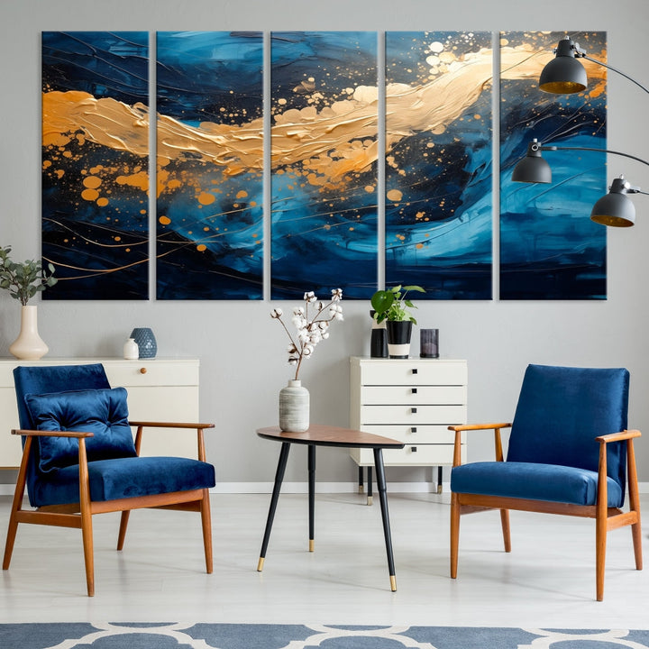 Gold Ocean Blue Wall Art Fluid Abstract Canvas Print New Home Gift Soft Fine Art