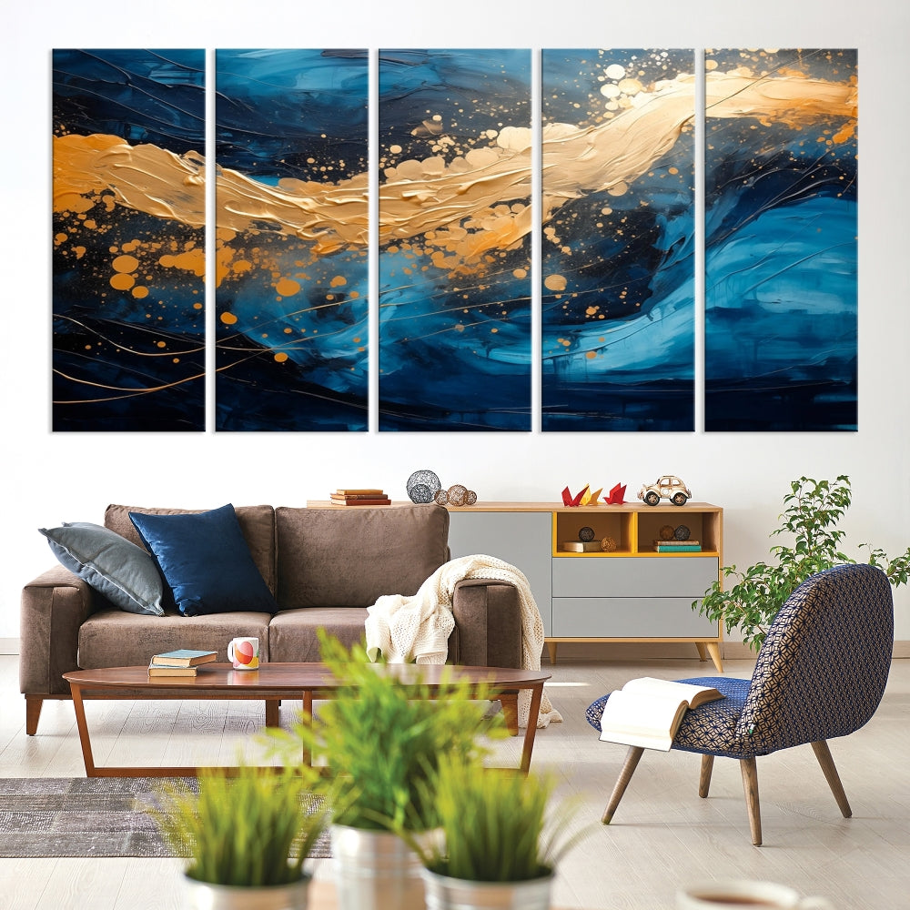 Gold Ocean Blue Wall Art Fluid Abstract Canvas Print New Home Gift Soft Fine Art