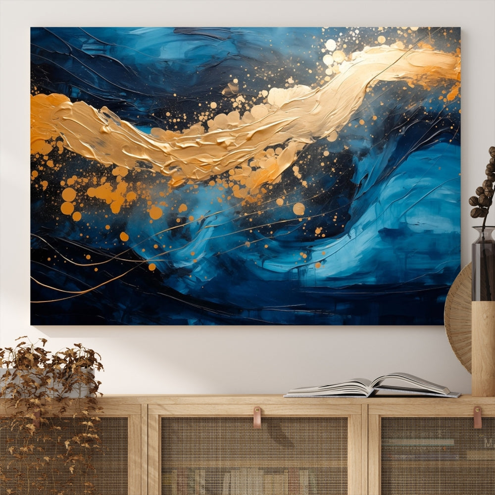 Gold Ocean Blue Wall Art Fluid Abstract Canvas Print New Home Gift Soft Fine Art