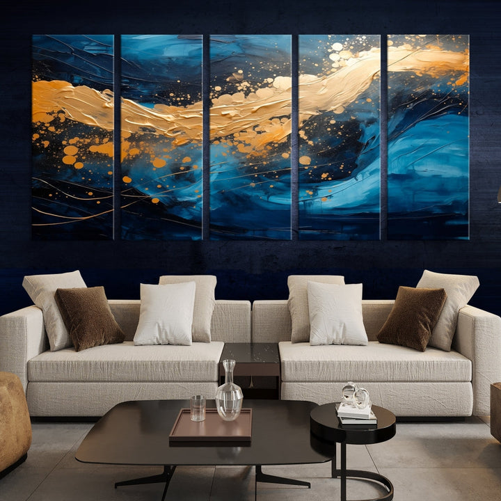 Gold Ocean Blue Wall Art Fluid Abstract Canvas Print New Home Gift Soft Fine Art