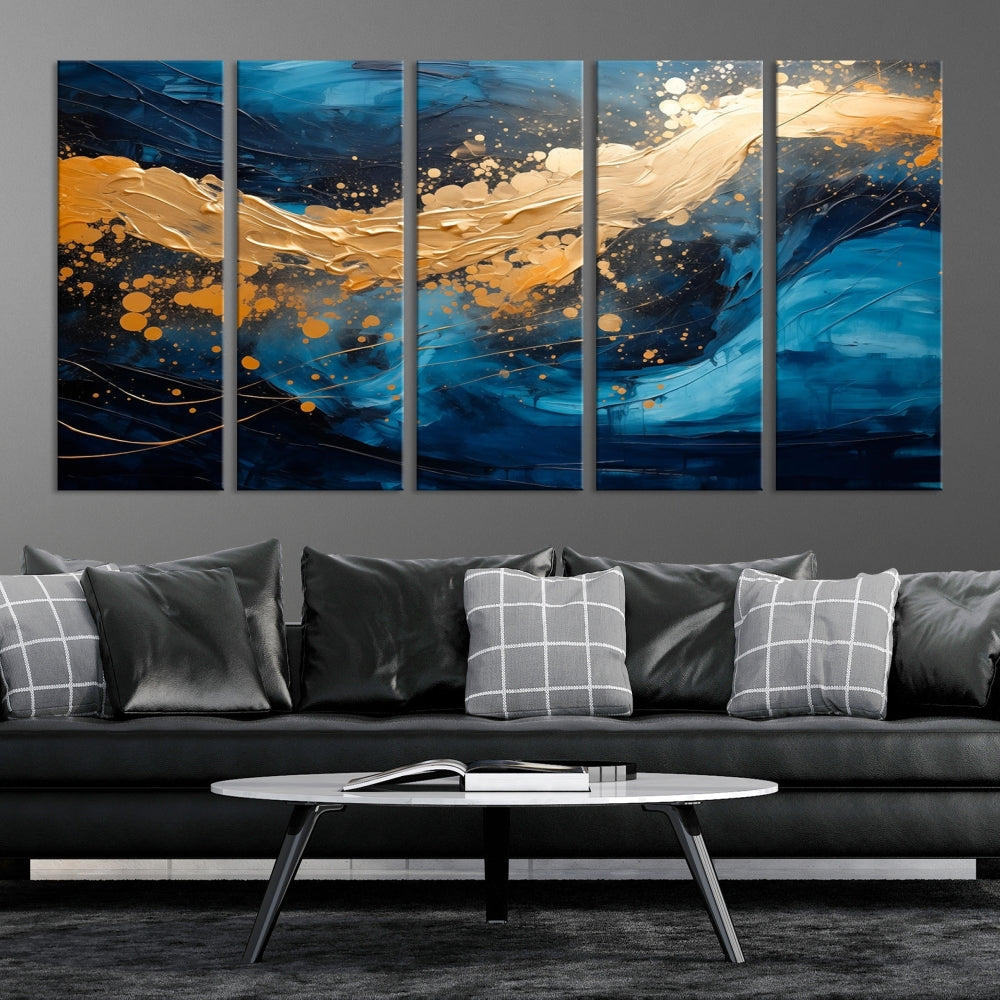 Gold Ocean Blue Wall Art Fluid Abstract Canvas Print New Home Gift Soft Fine Art