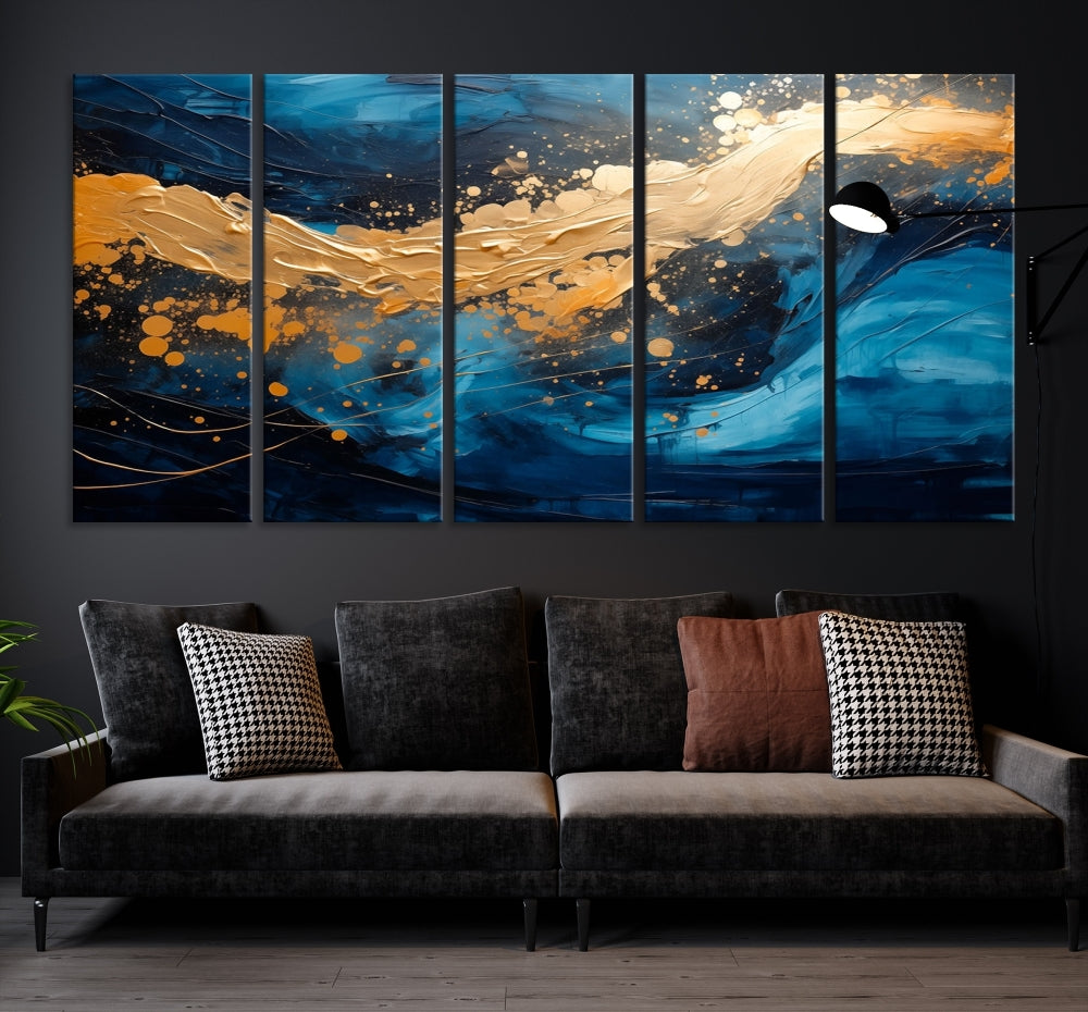 Gold Ocean Blue Wall Art Fluid Abstract Canvas Print New Home Gift Soft Fine Art