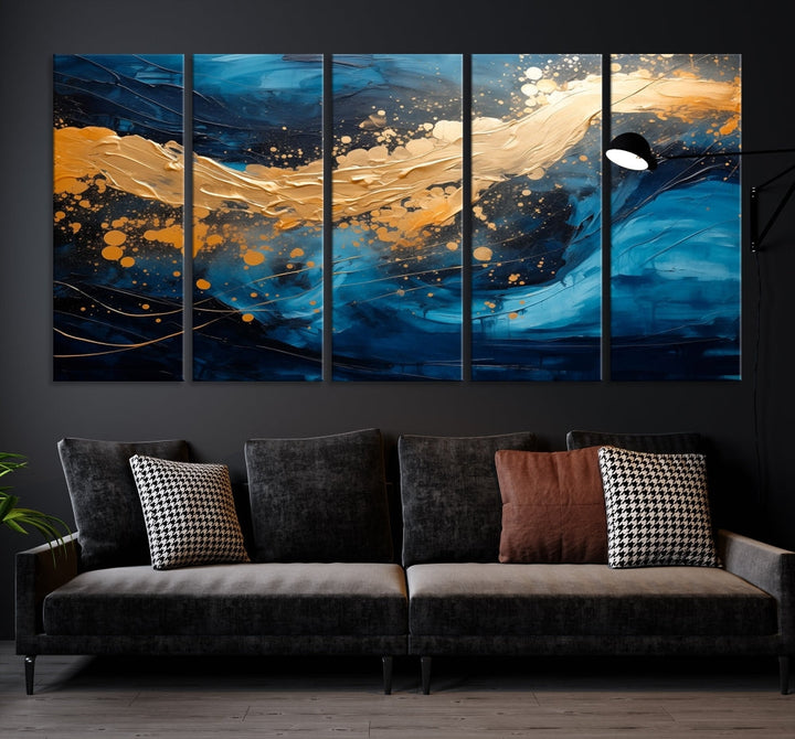 Gold Ocean Blue Wall Art Fluid Abstract Canvas Print New Home Gift Soft Fine Art