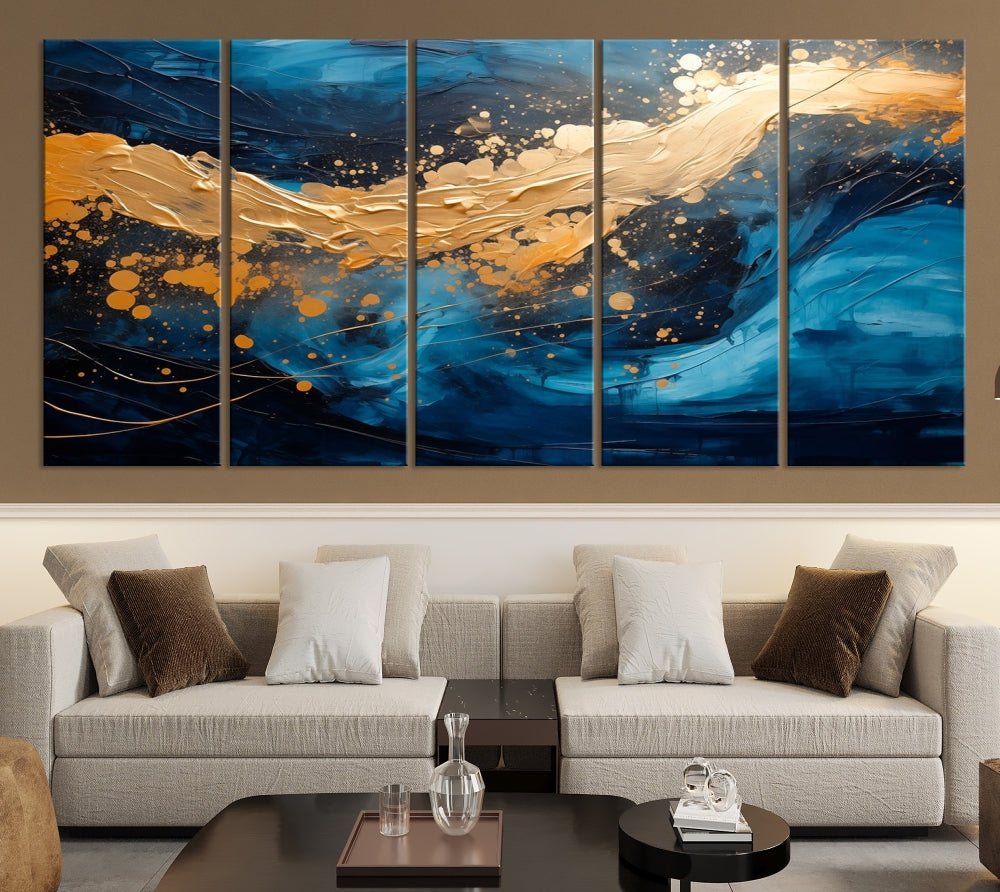 Gold Ocean Blue Wall Art Fluid Abstract Canvas Print New Home Gift Soft Fine Art