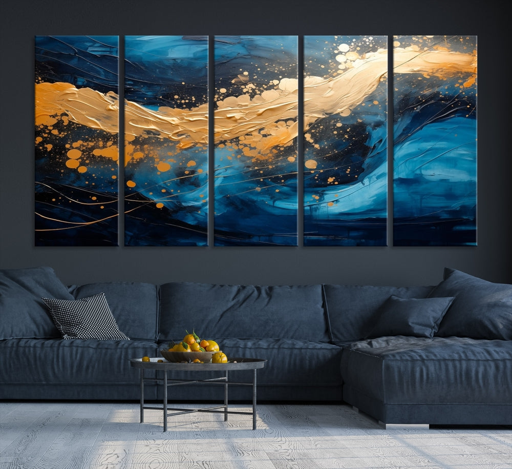 Gold Ocean Blue Wall Art Fluid Abstract Canvas Print New Home Gift Soft Fine Art